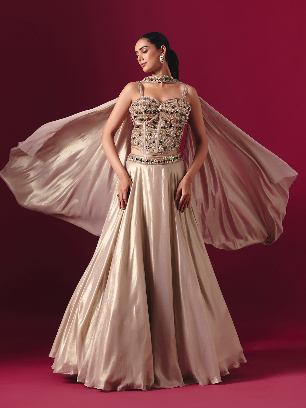 Pastel beige satin silk designer lehenga choli with dupatta