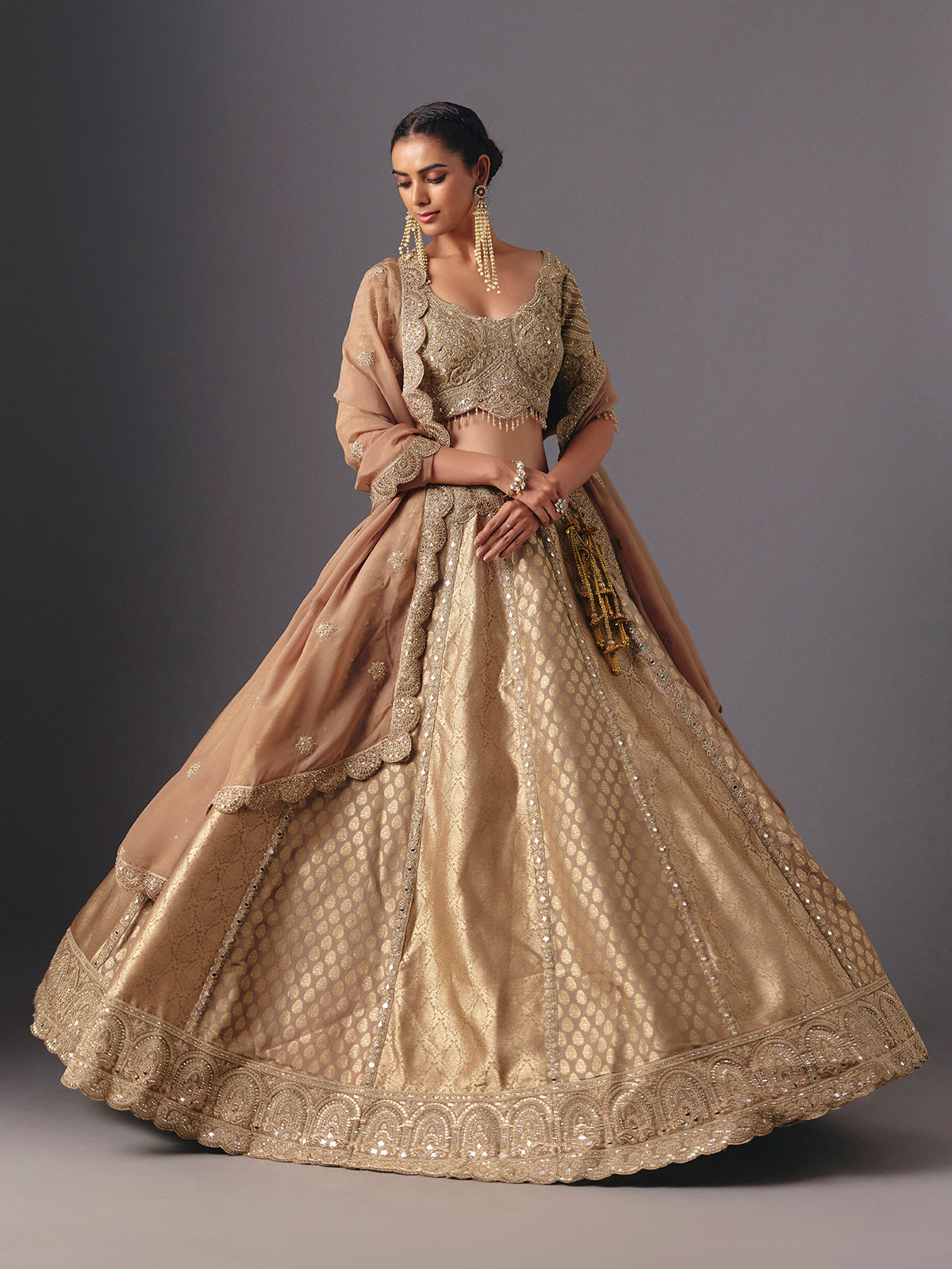 Beige brocade designer lehenga choli with dupatta for celebrations