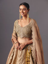 Beige brocade designer lehenga choli with dupatta for celebrations