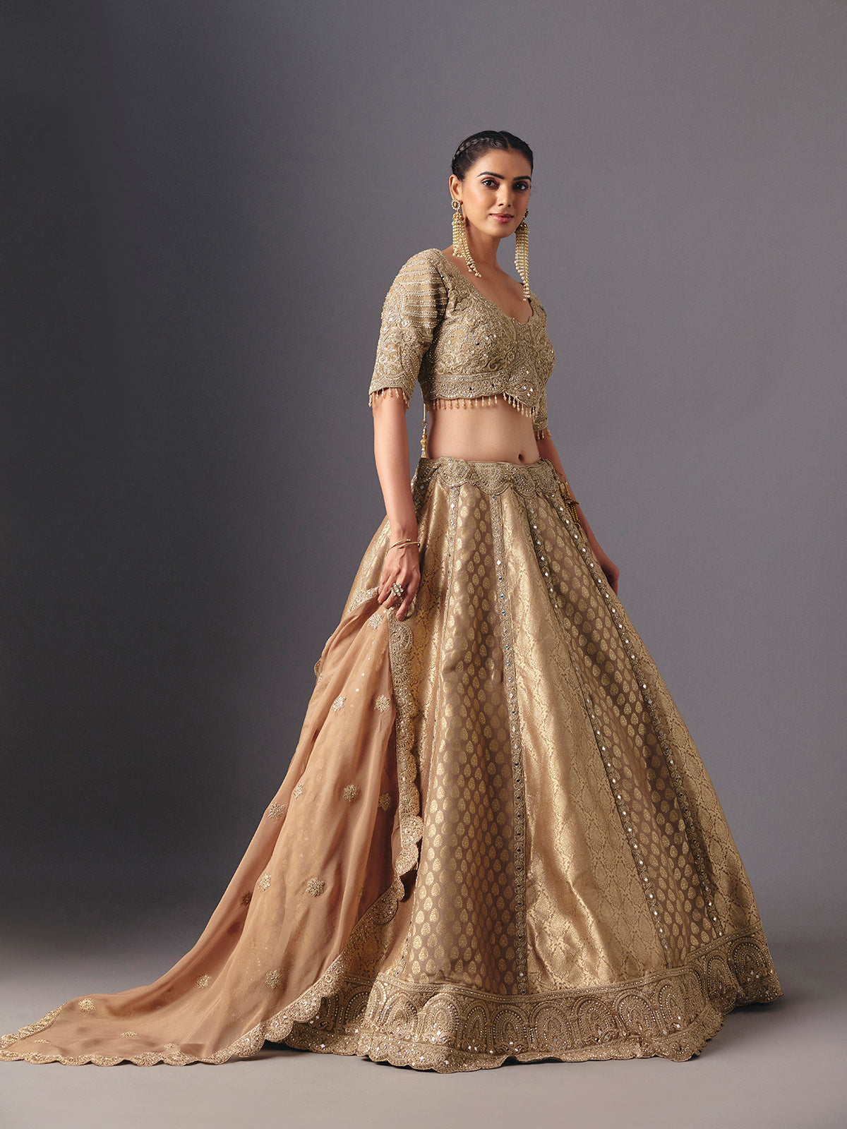 Beige brocade designer lehenga choli with dupatta for celebrations