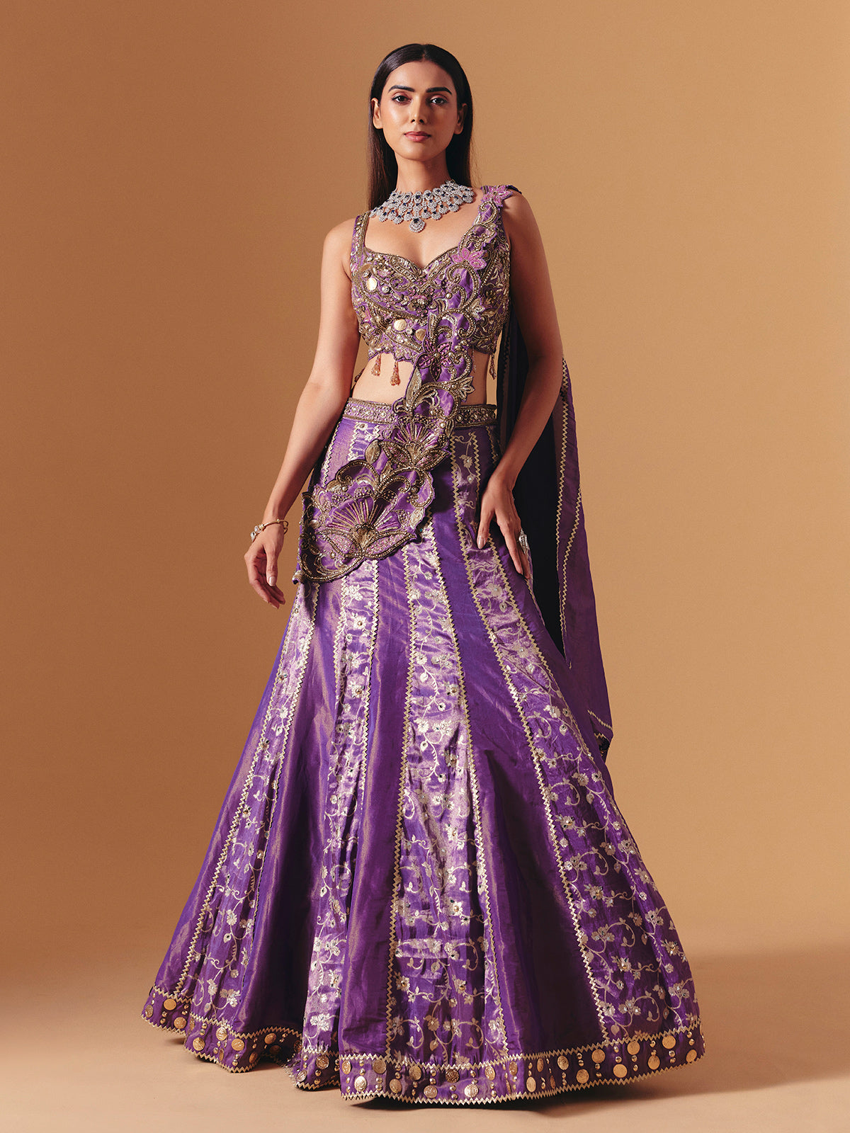 Purple designer silk lehenga choli with attached dupatta elegance