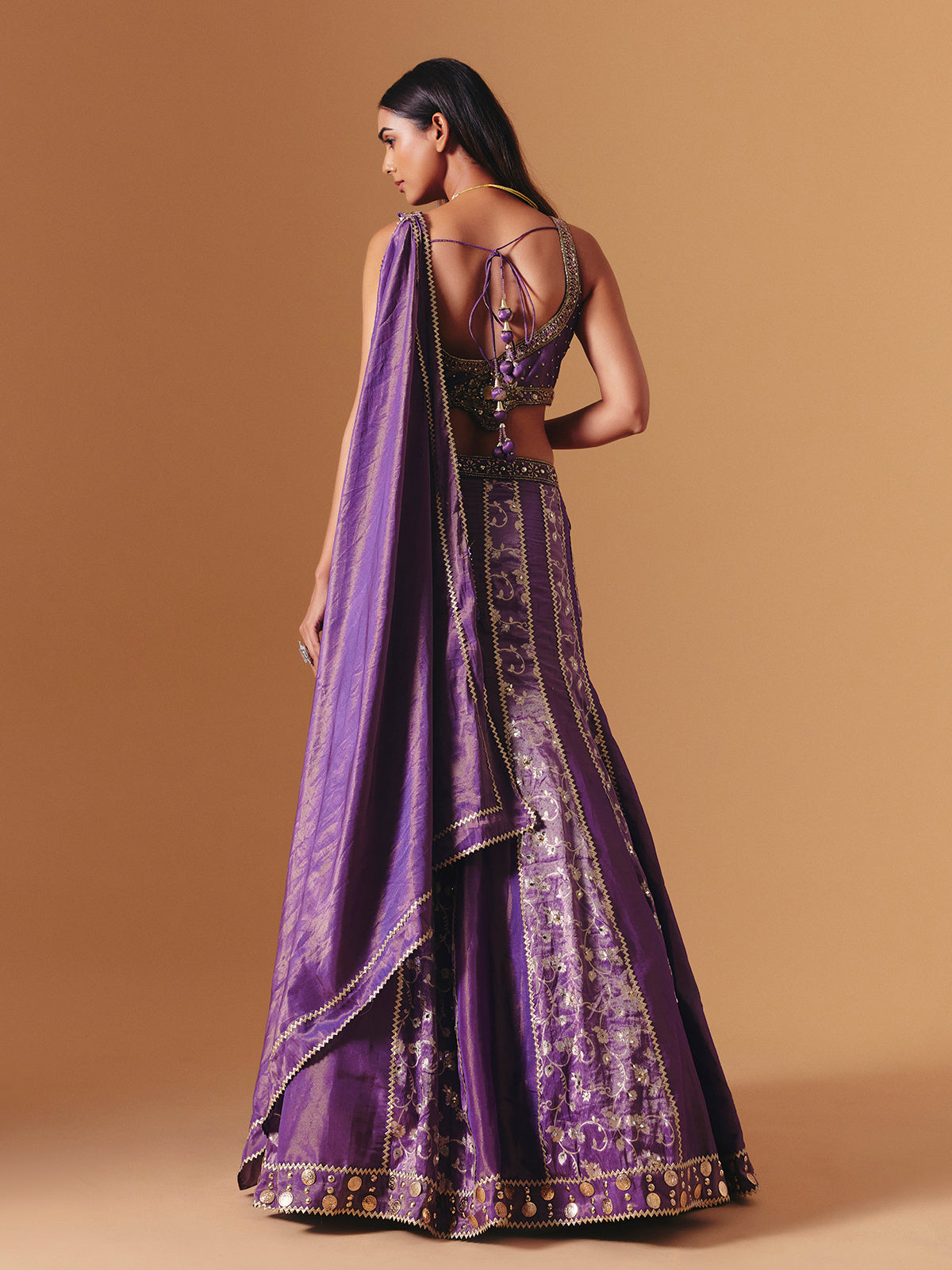 Purple designer silk lehenga choli with attached dupatta elegance