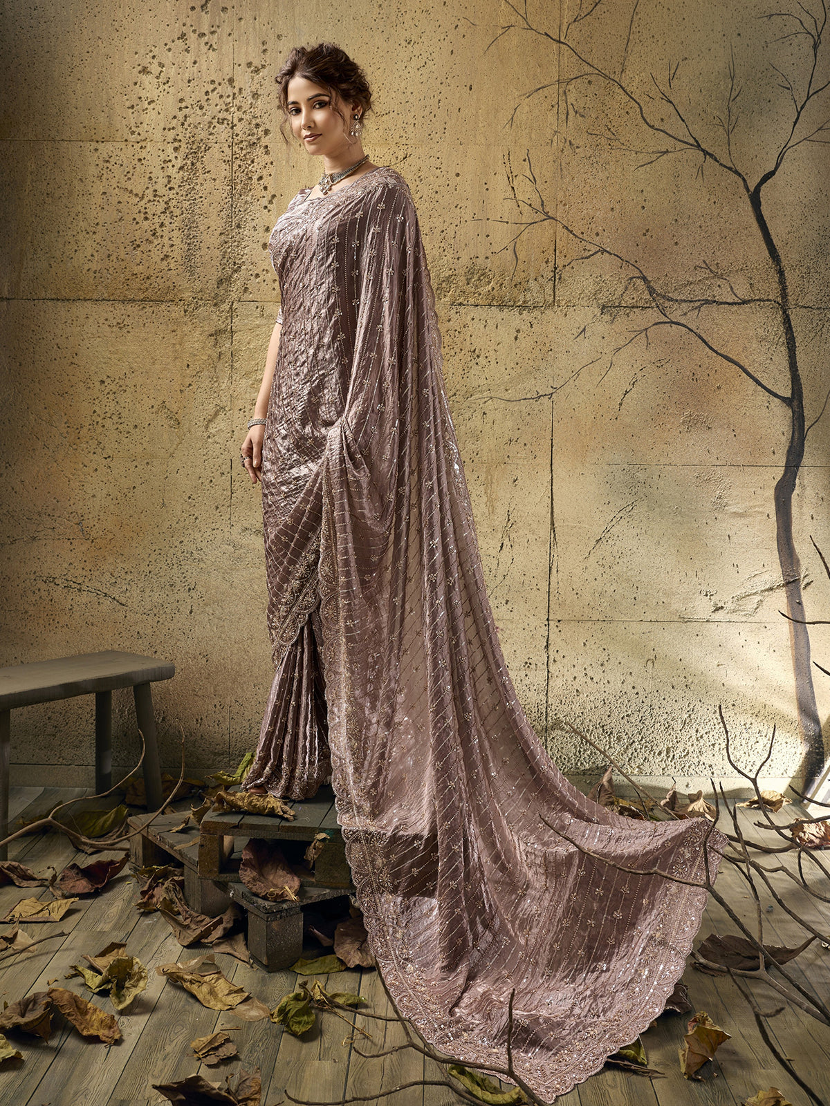 Dusty rose pink couture shimmer saree