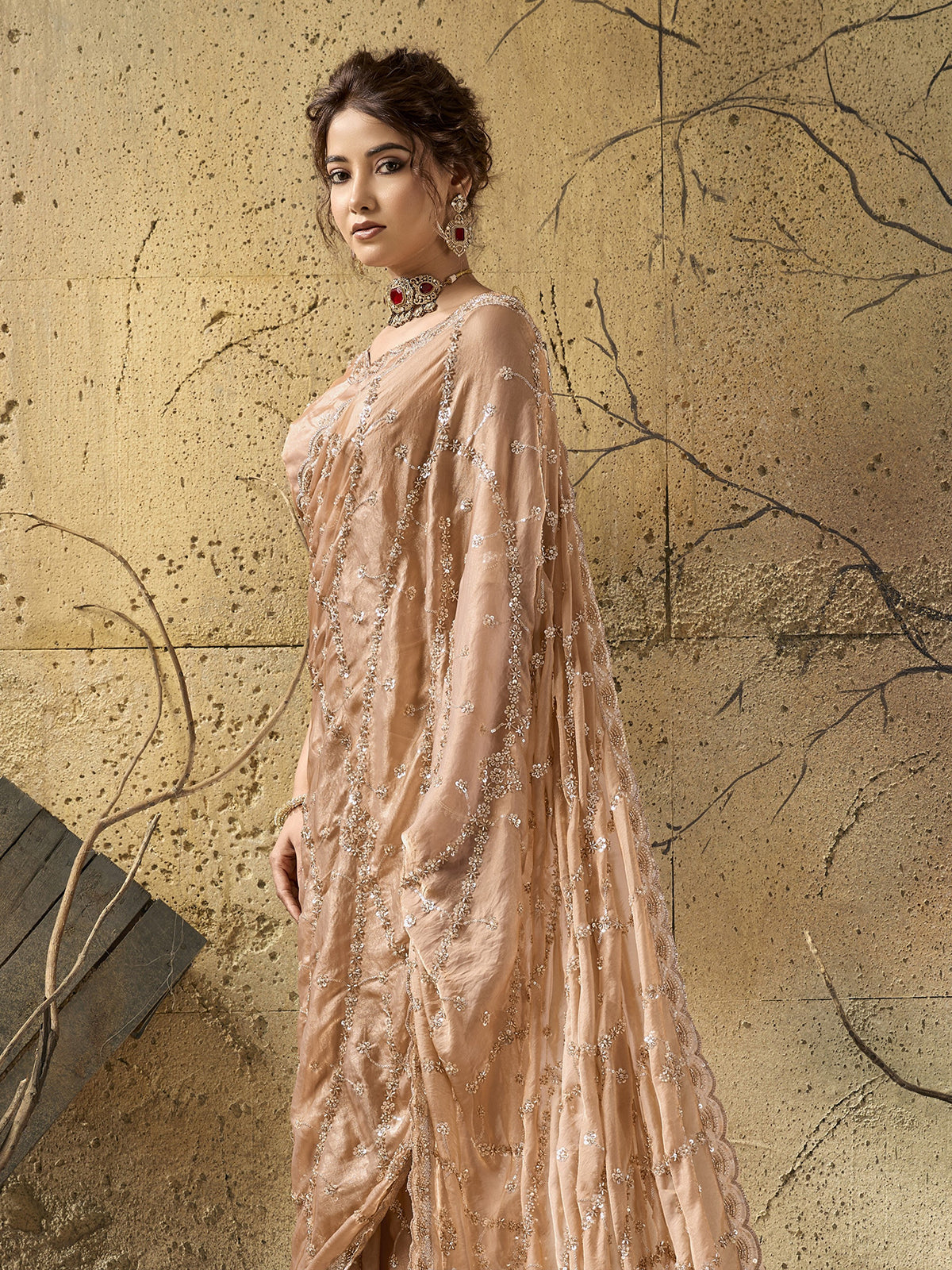 Beige royal glamour satin saree