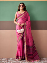 Pink heritage woven cotton saree