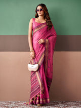 Pink heritage woven cotton saree