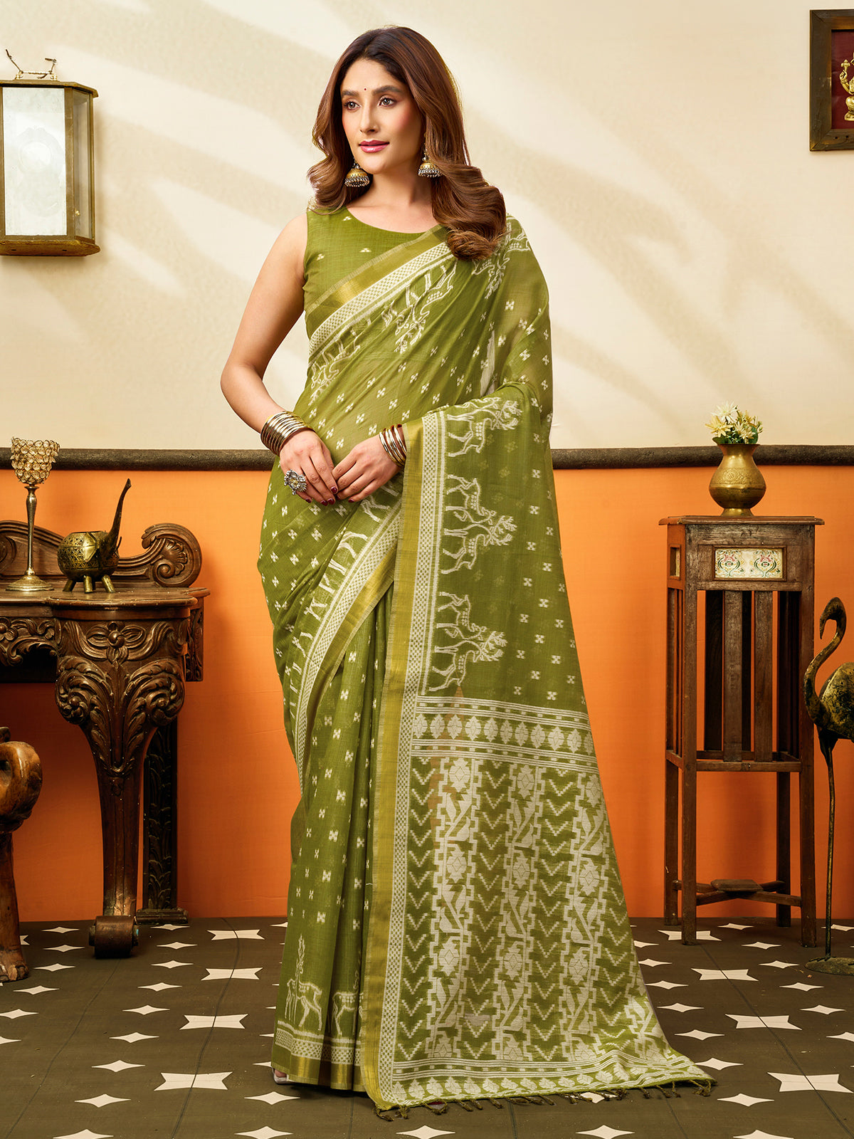Green tribal zari cotton saree