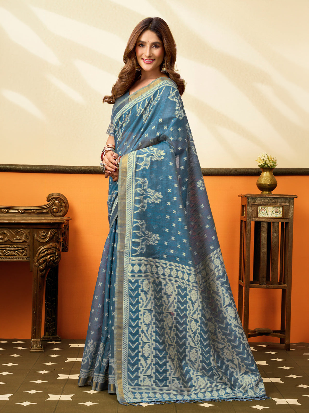 Stone blue heritage cotton saree