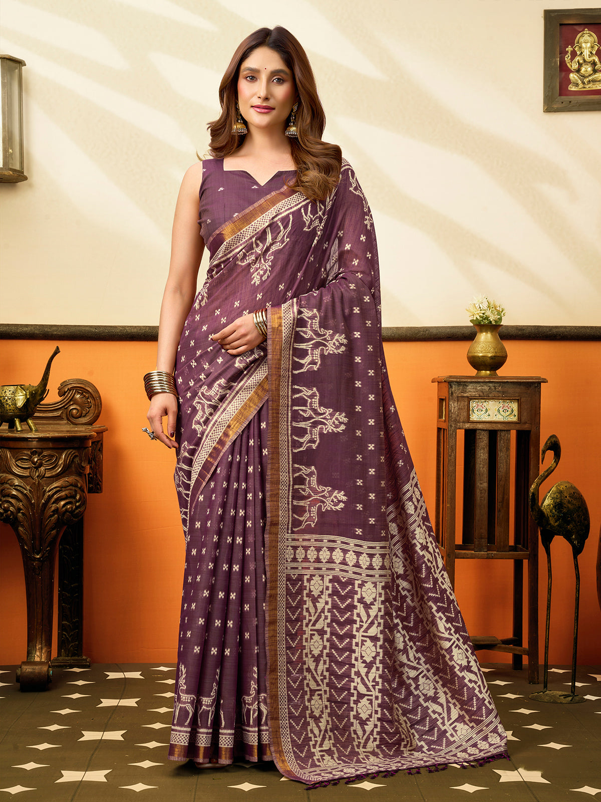 Wine artisan cotton zari saree