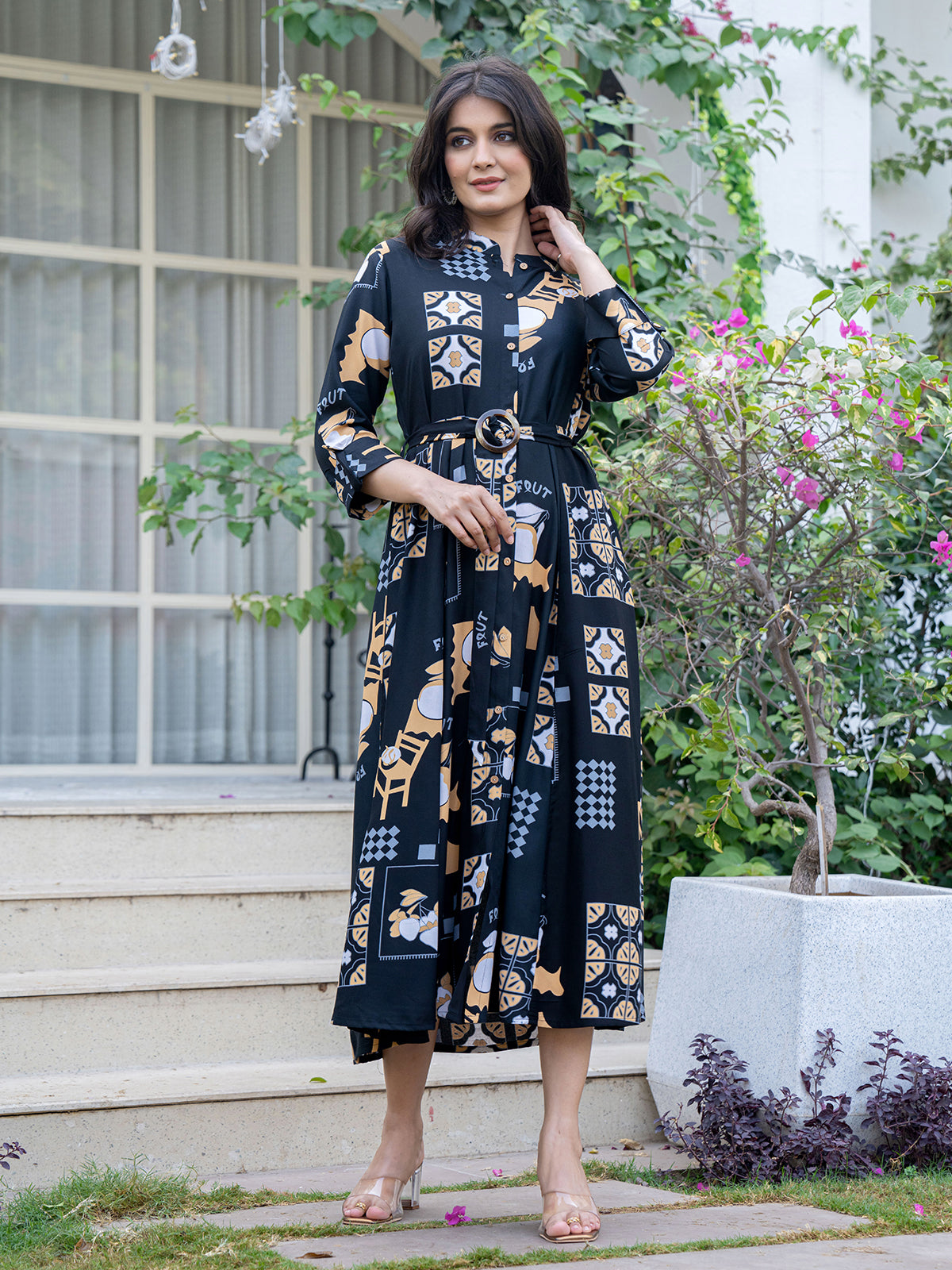 Black stylish printed cotton midi kurti