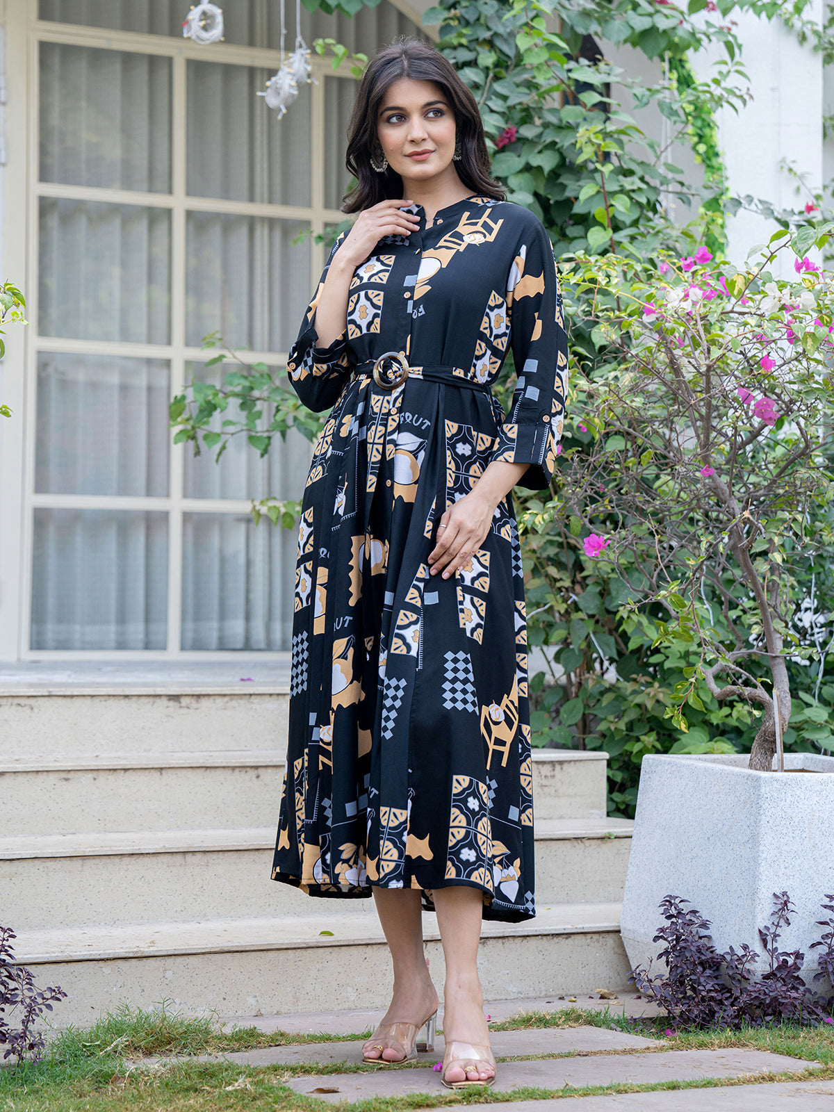 Black stylish printed cotton midi kurti