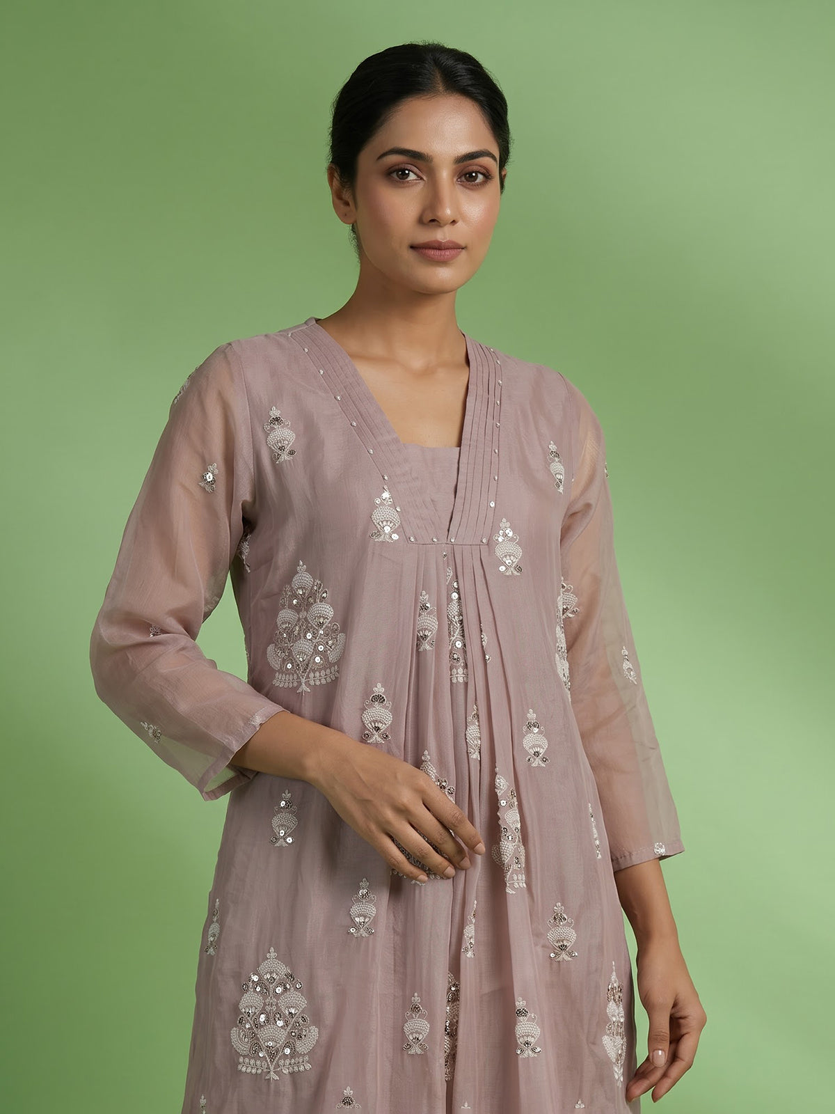 Dusty lilac purple tissue cotton festive kurti set with dupatta