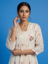 Cream silk pearl embellished festive kurti set with dupatta