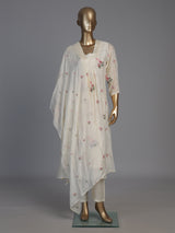 Cream silk pearl embellished festive kurti set with dupatta