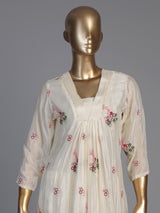 Cream silk pearl embellished festive kurti set with dupatta
