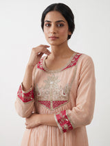 Peach tissue cotton yoke style festive kurti set with dupatta