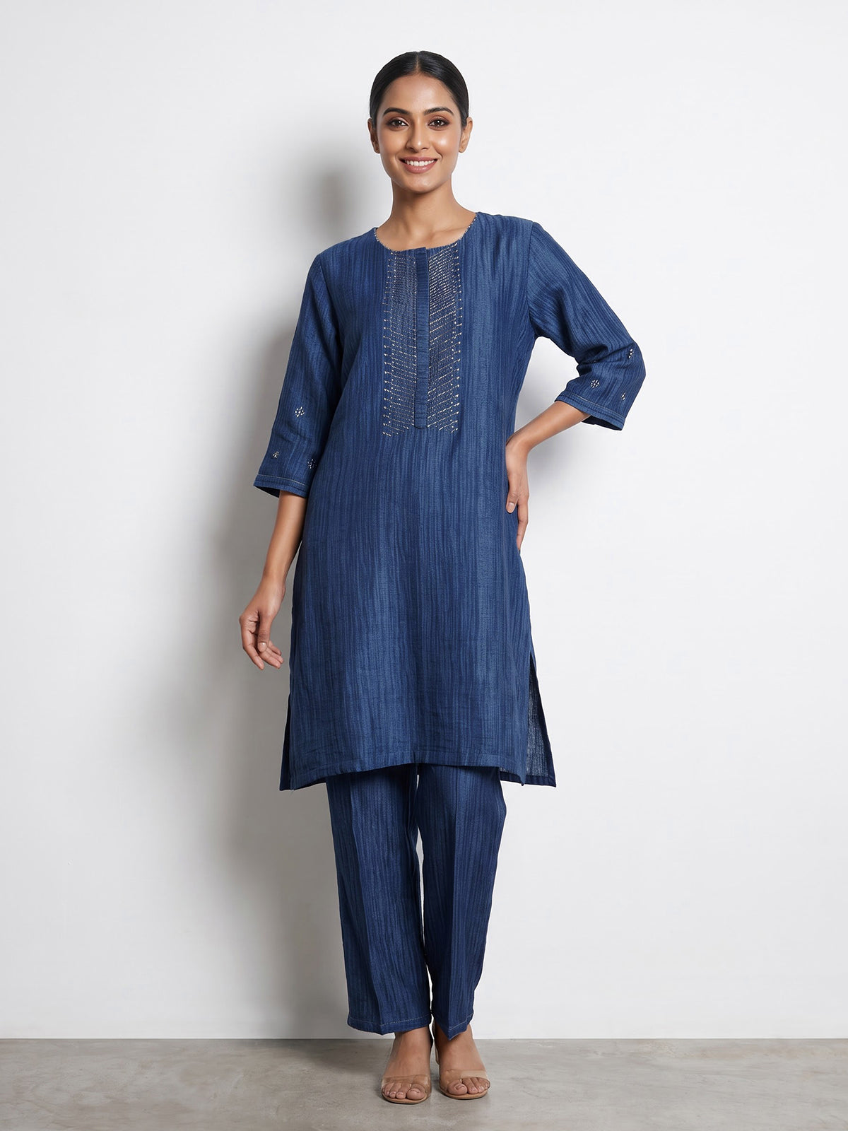 Indigo blue silk embellished festive straight kurti set