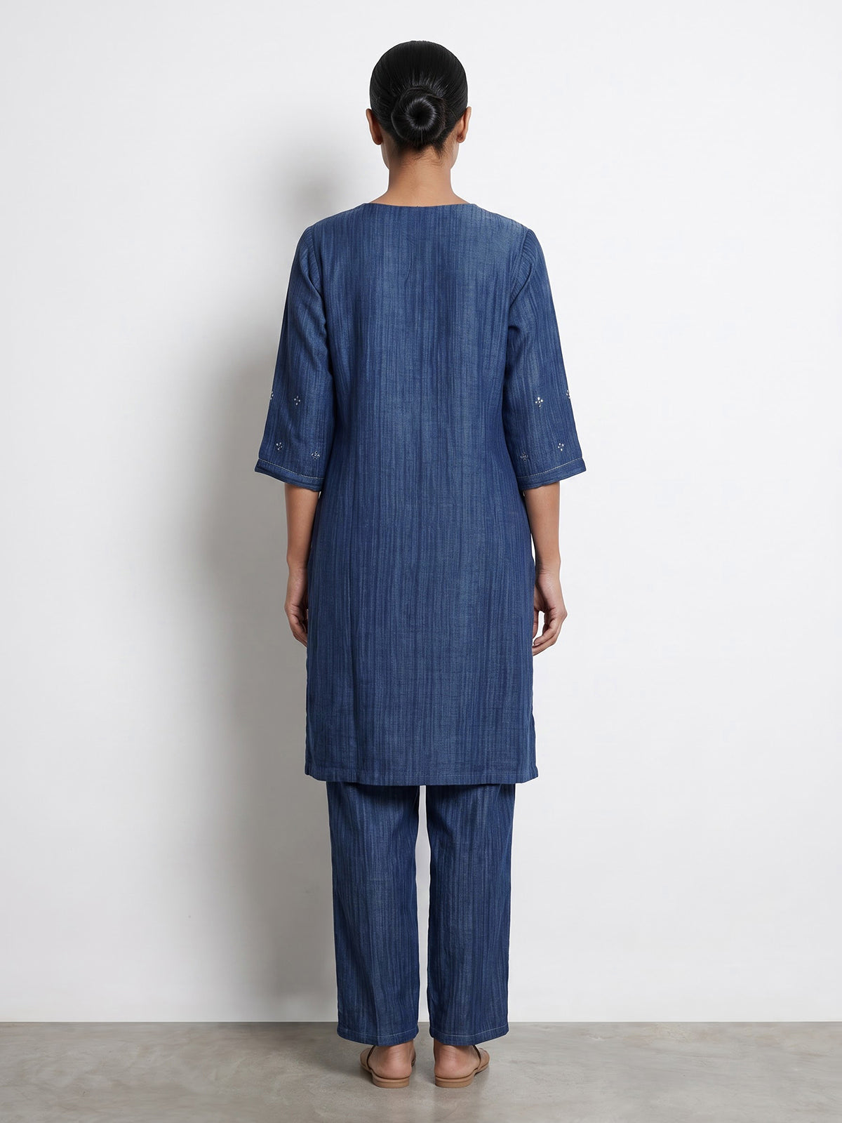 Indigo blue silk embellished festive straight kurti set