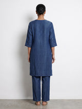 Indigo blue silk embellished festive straight kurti set