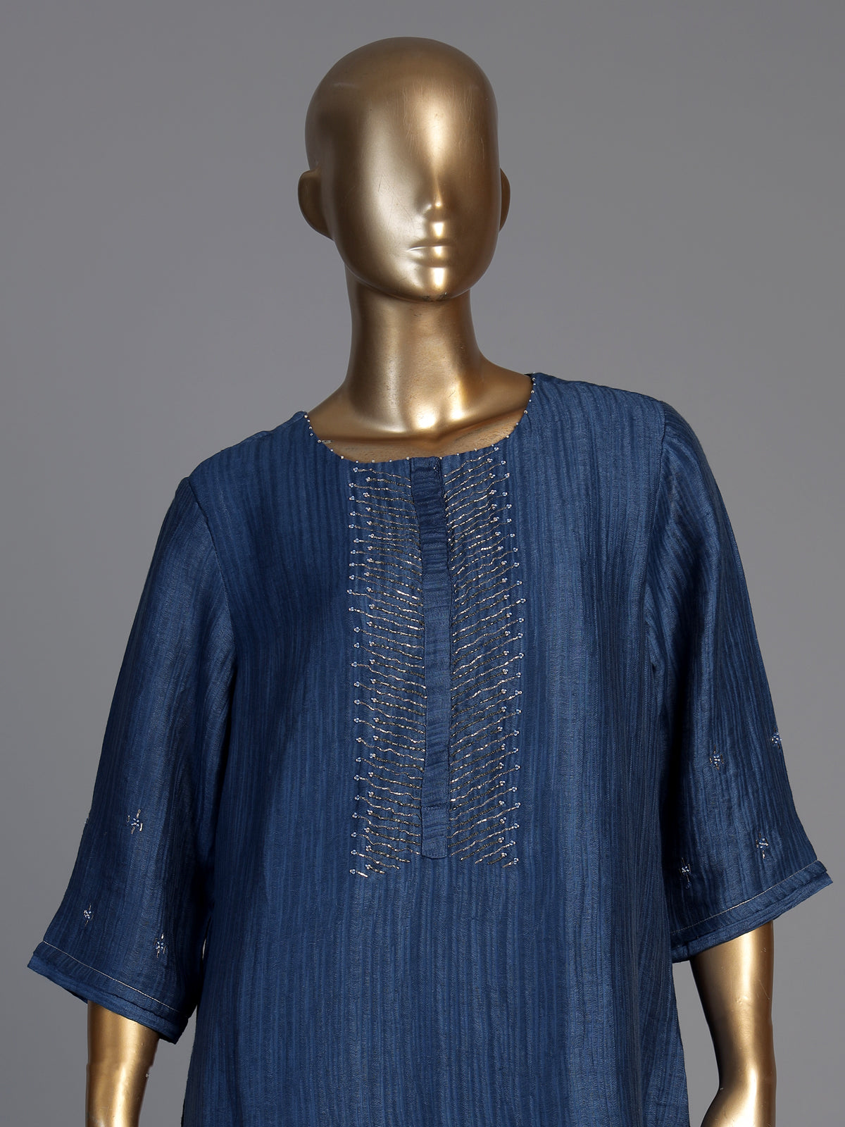 Indigo blue silk embellished festive straight kurti set