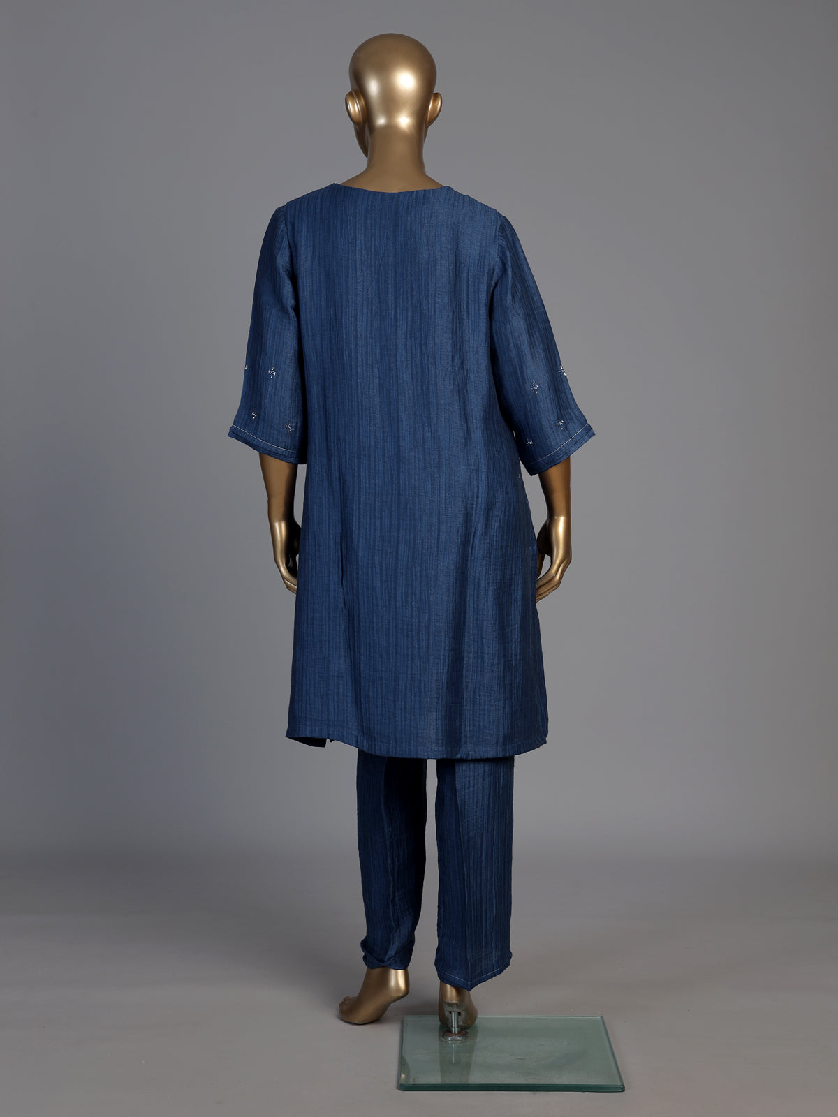 Indigo blue silk embellished festive straight kurti set
