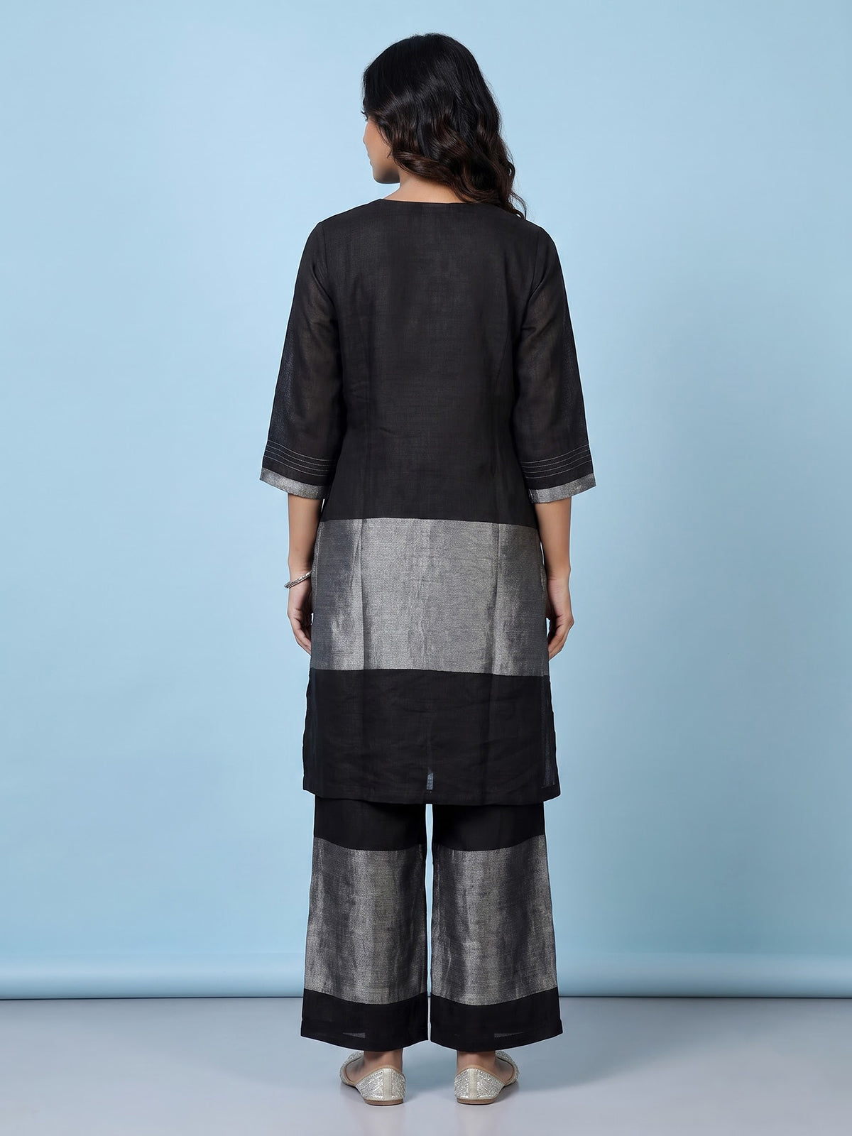 Black cotton silk sweetheart neck festive kurti palazzo set