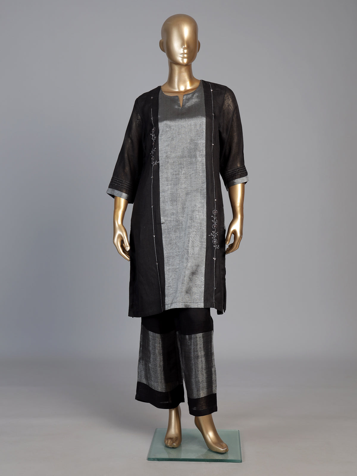 Black cotton silk sweetheart neck festive kurti palazzo set