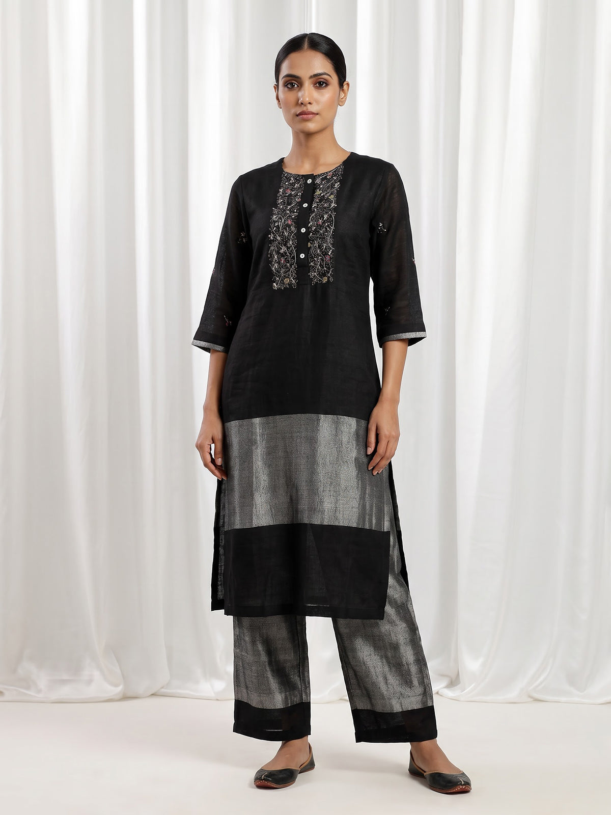 Black cotton silk embroidered festive straight kurti palazzo set
