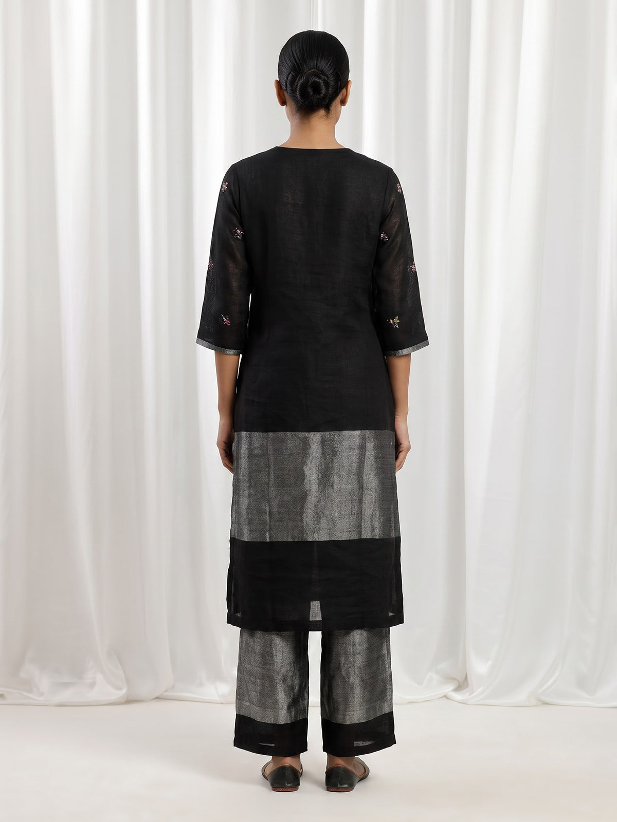 Black cotton silk embroidered festive straight kurti palazzo set