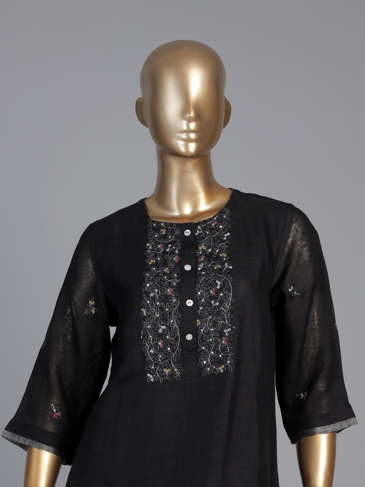 Black cotton silk embroidered festive straight kurti palazzo set