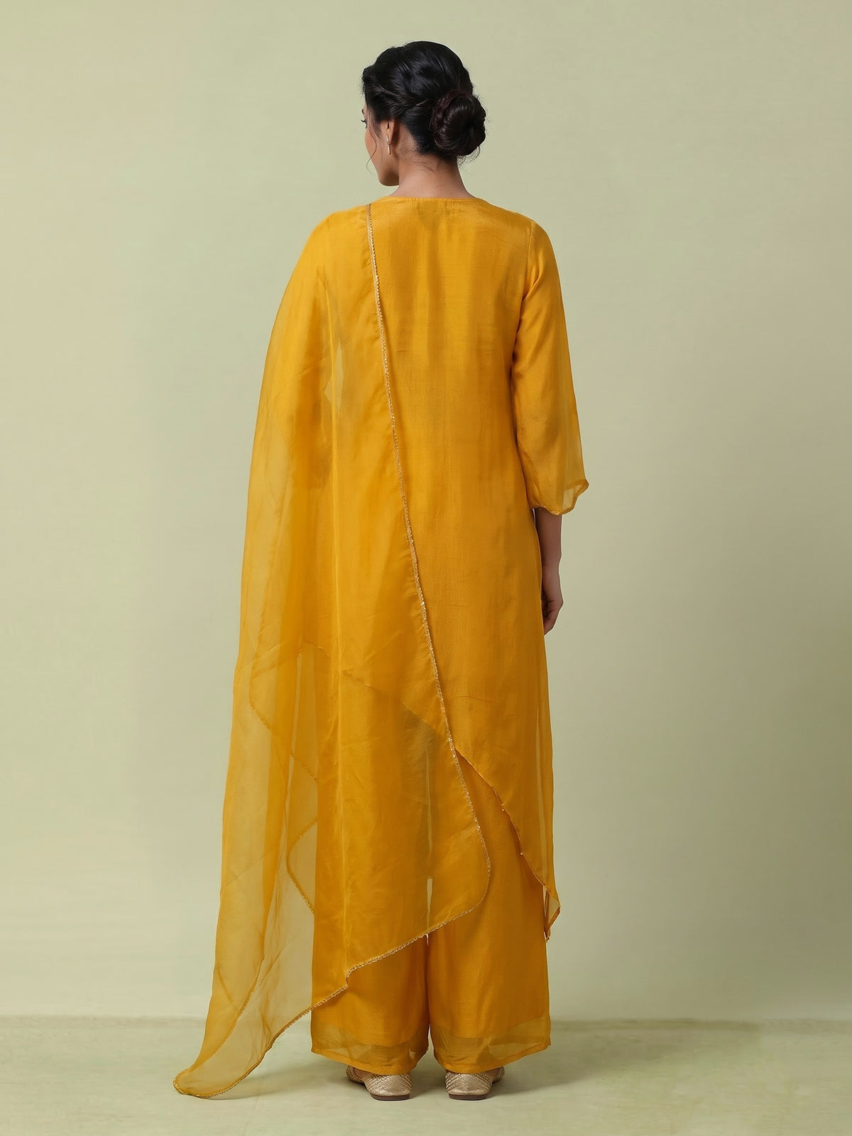 Mustard yellow chiffon silk designer festive palazzo kurti set
