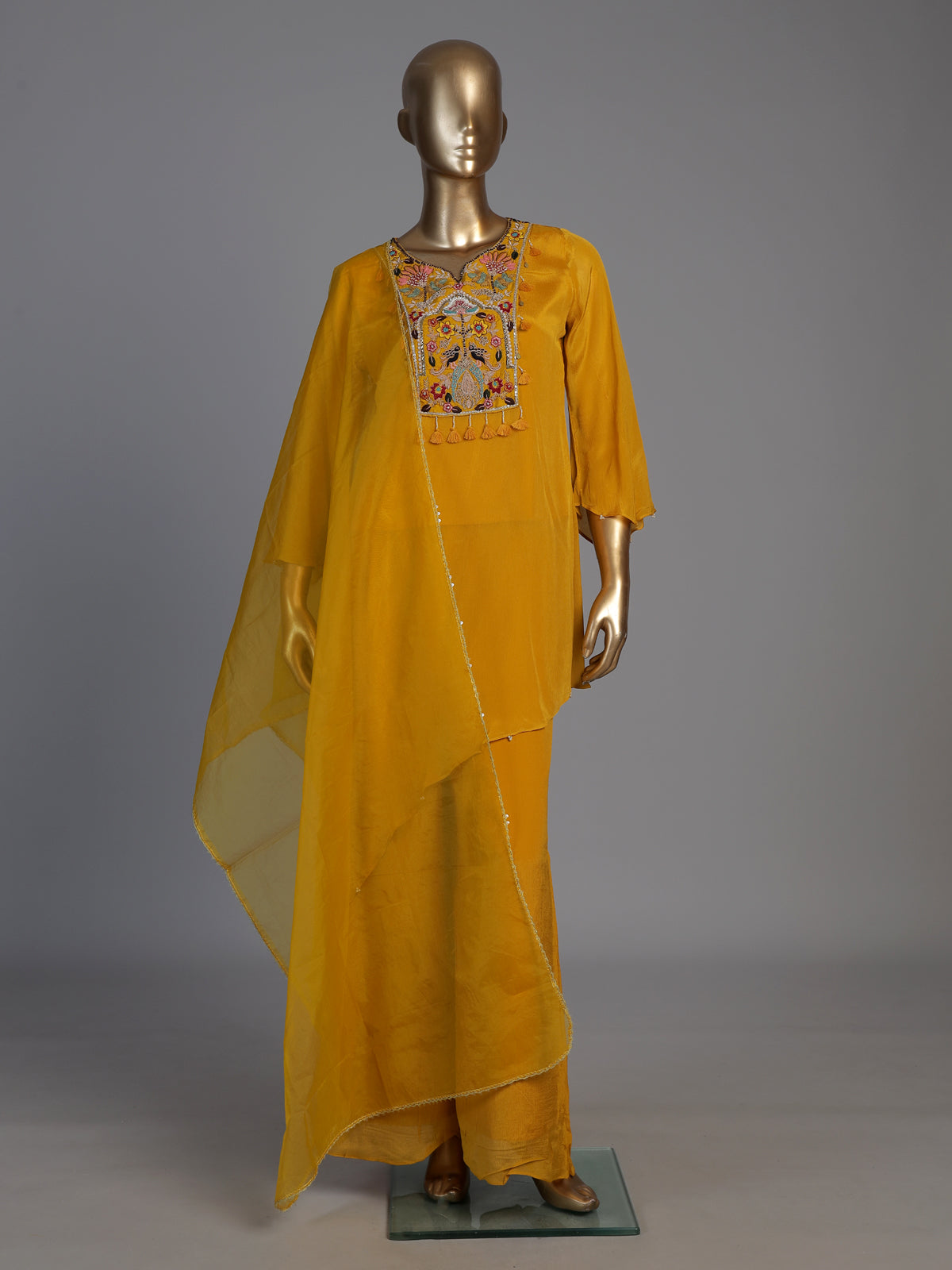Mustard yellow chiffon silk designer festive palazzo kurti set