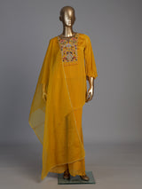 Mustard yellow chiffon silk designer festive palazzo kurti set