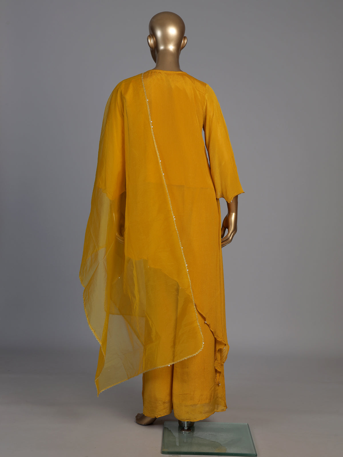 Mustard yellow chiffon silk designer festive palazzo kurti set