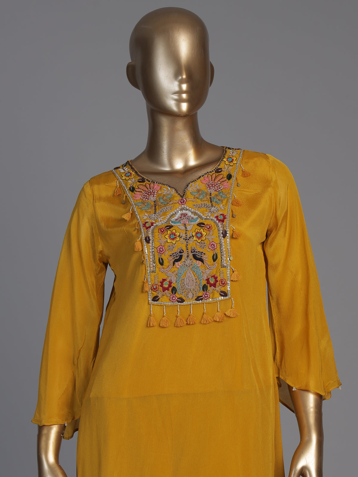 Mustard yellow chiffon silk designer festive palazzo kurti set