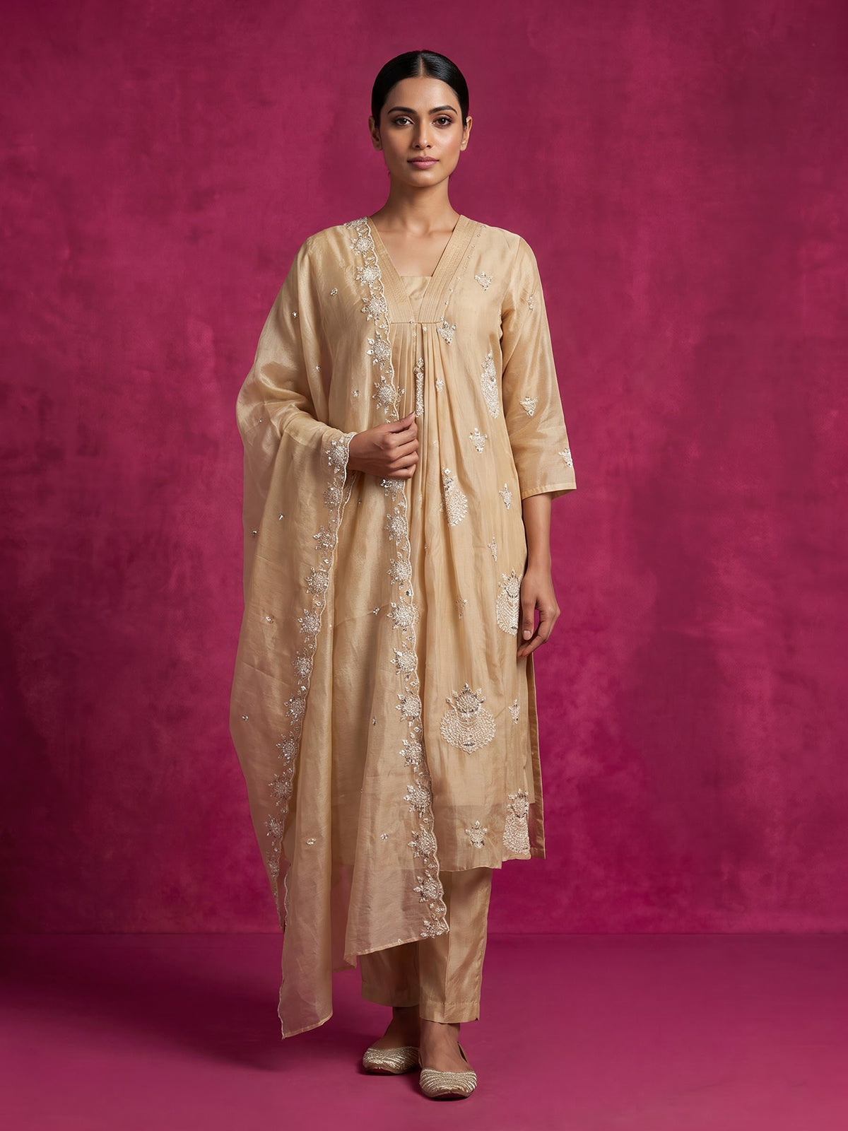 Beige tissue silk embellished festive kurti set with elegant dupatta