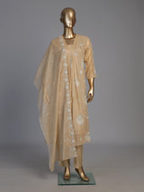 Beige tissue silk embellished festive kurti set with elegant dupatta