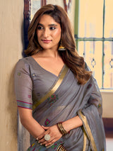 Grey traditional floral bird kolkata cotton saree