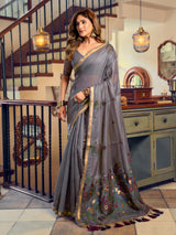 Grey traditional floral bird kolkata cotton saree