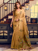 Mehendi yellow festive bird weave cotton saree