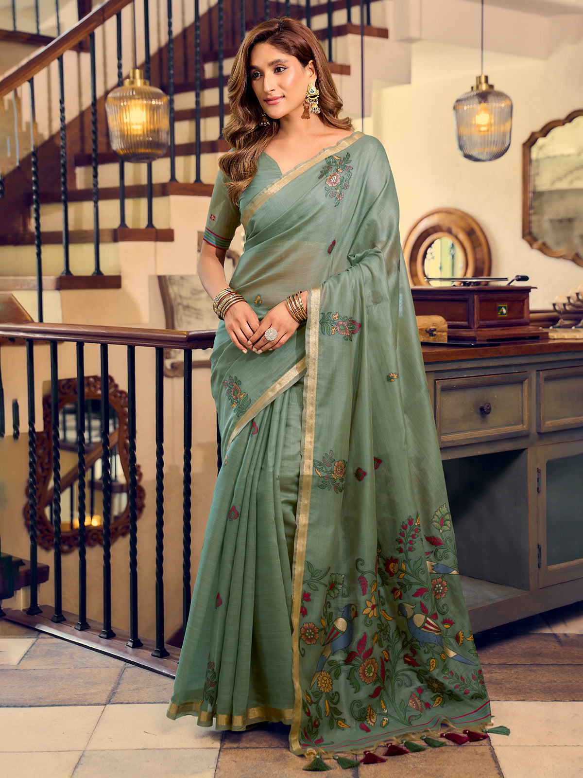 Mint green elegant bird art cotton saree