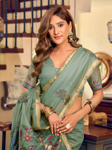 Mint green elegant bird art cotton saree