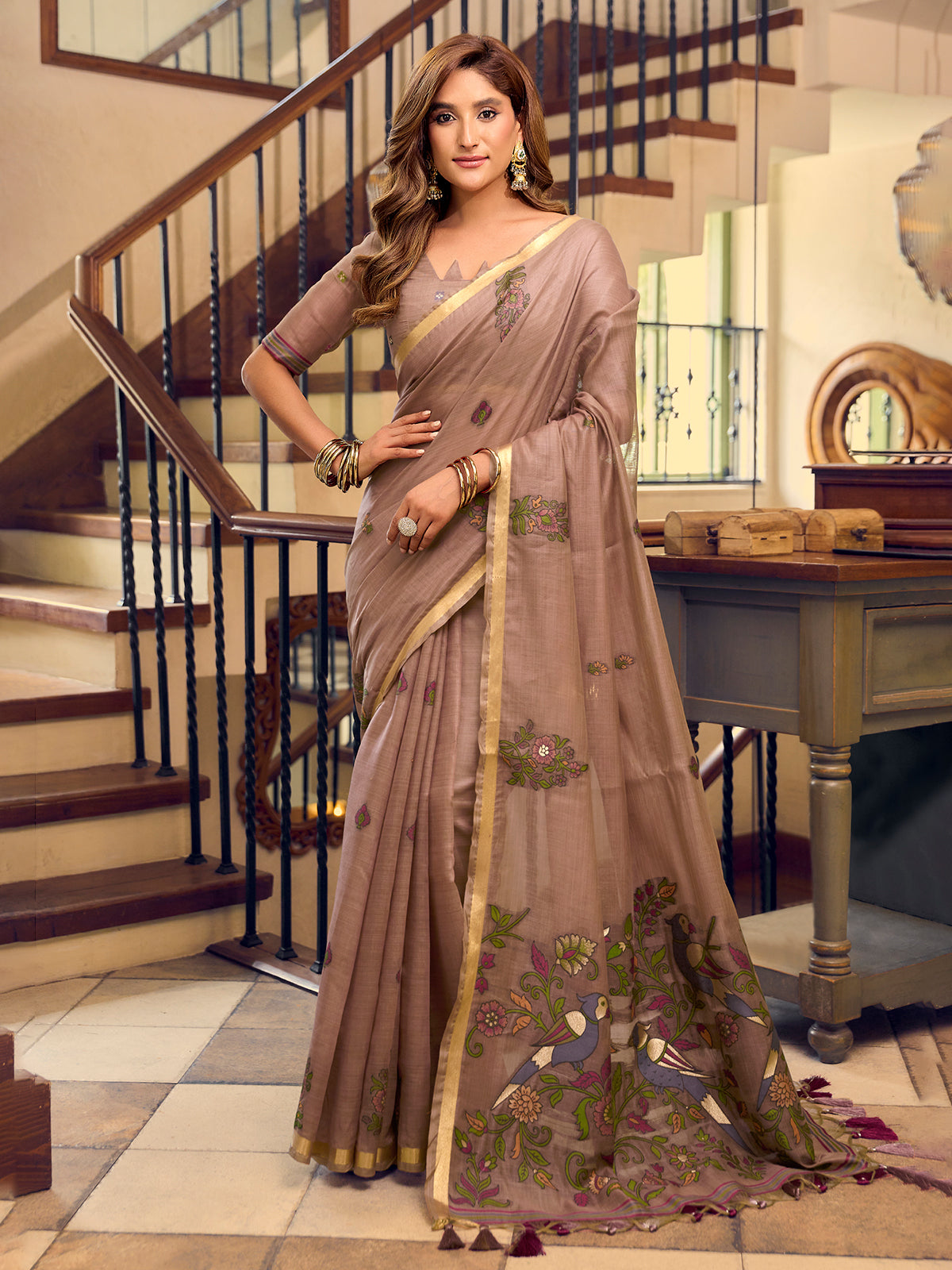 Light brown floral heritage kolkata cotton saree