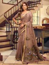 Light brown floral heritage kolkata cotton saree