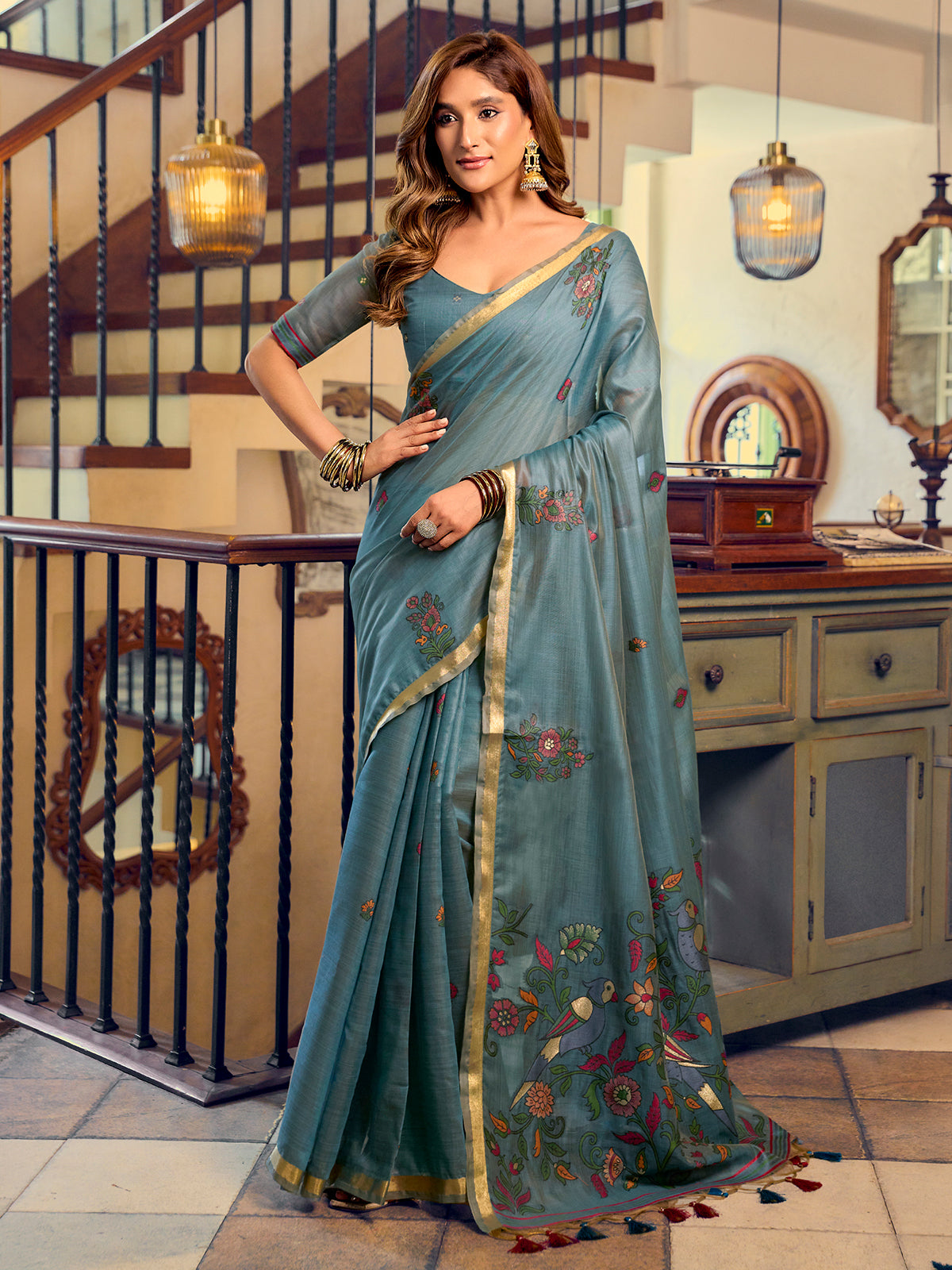 Teal blue artistic bird motif kolkata cotton saree