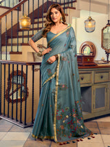 Teal blue artistic bird motif kolkata cotton saree