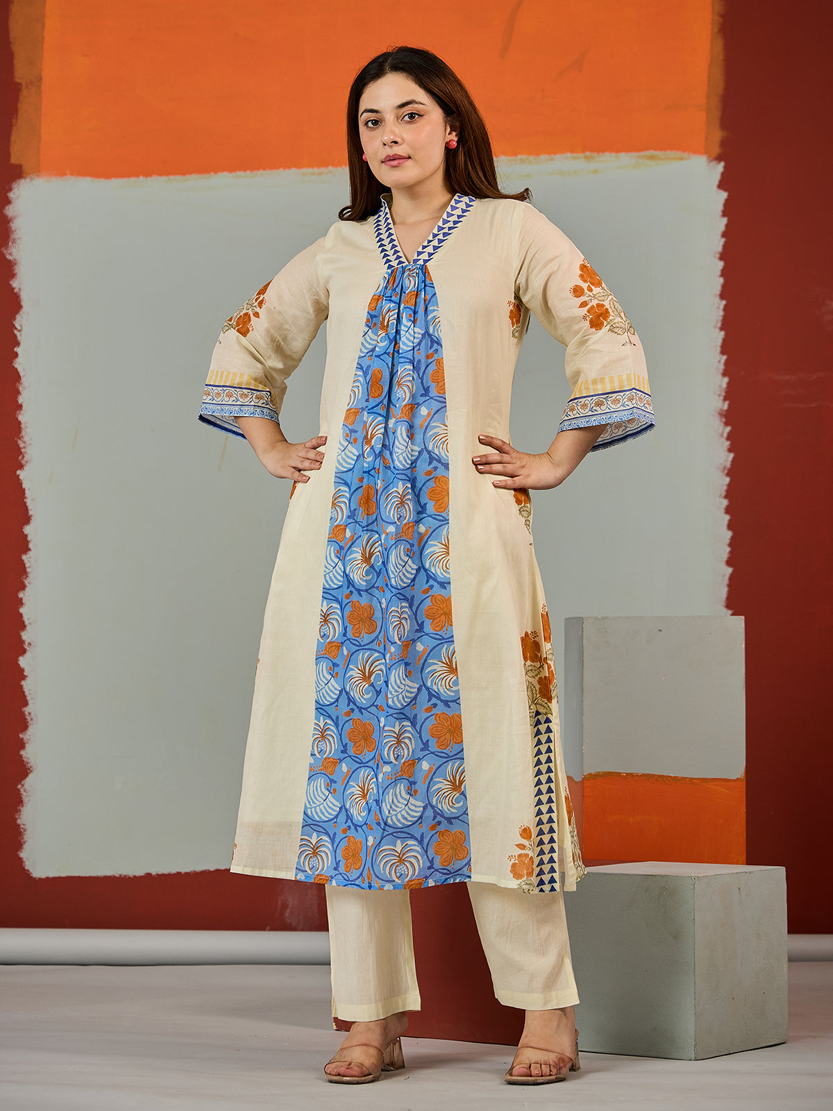 Yellow vibrant printed cotton kurti set