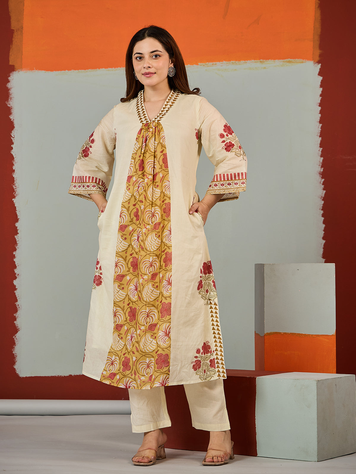 Blue tropical printed cotton kurti set
