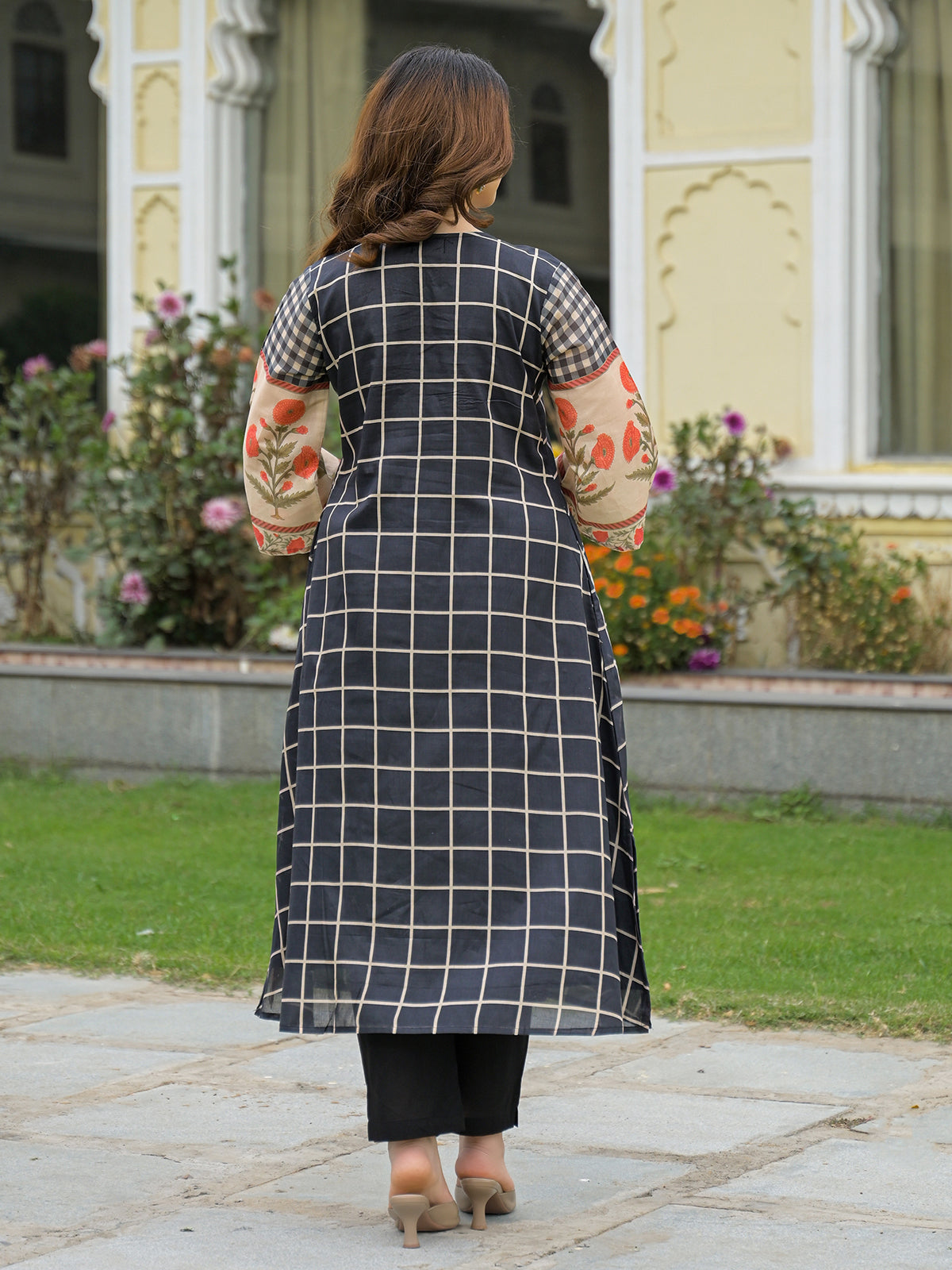 Black mirror embroidered anarkali kurti set