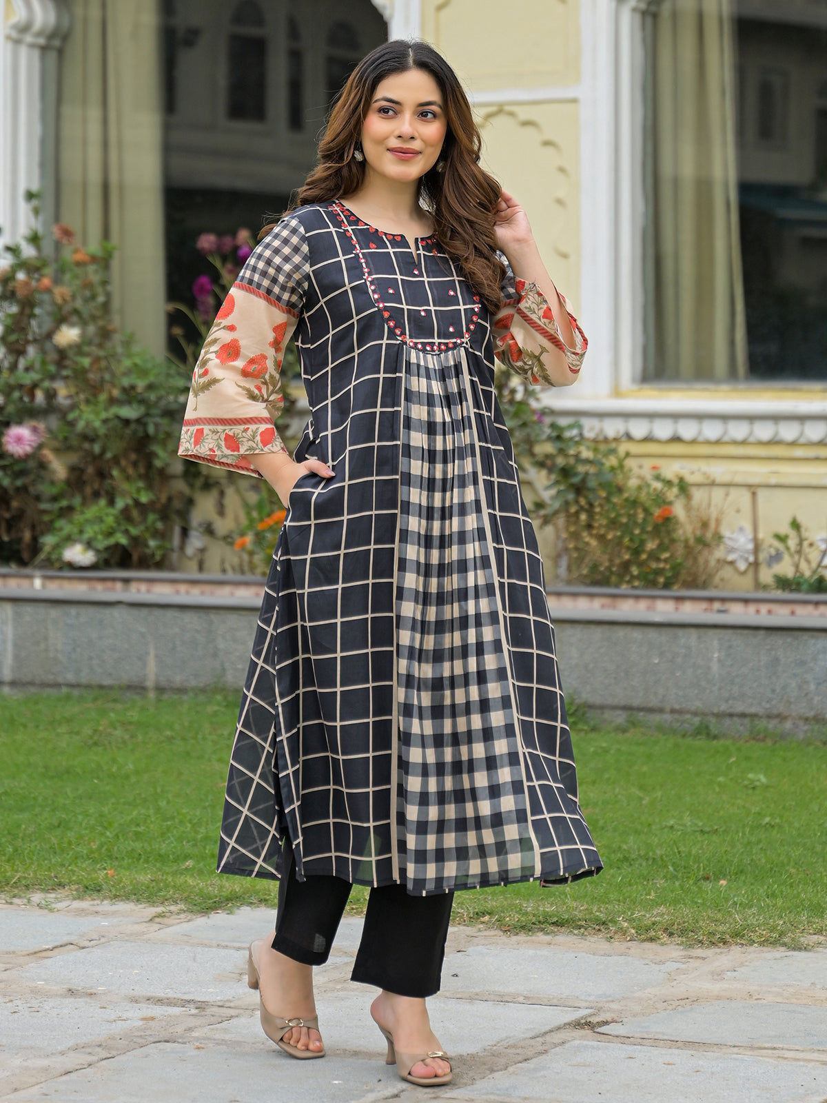 Black mirror embroidered anarkali kurti set